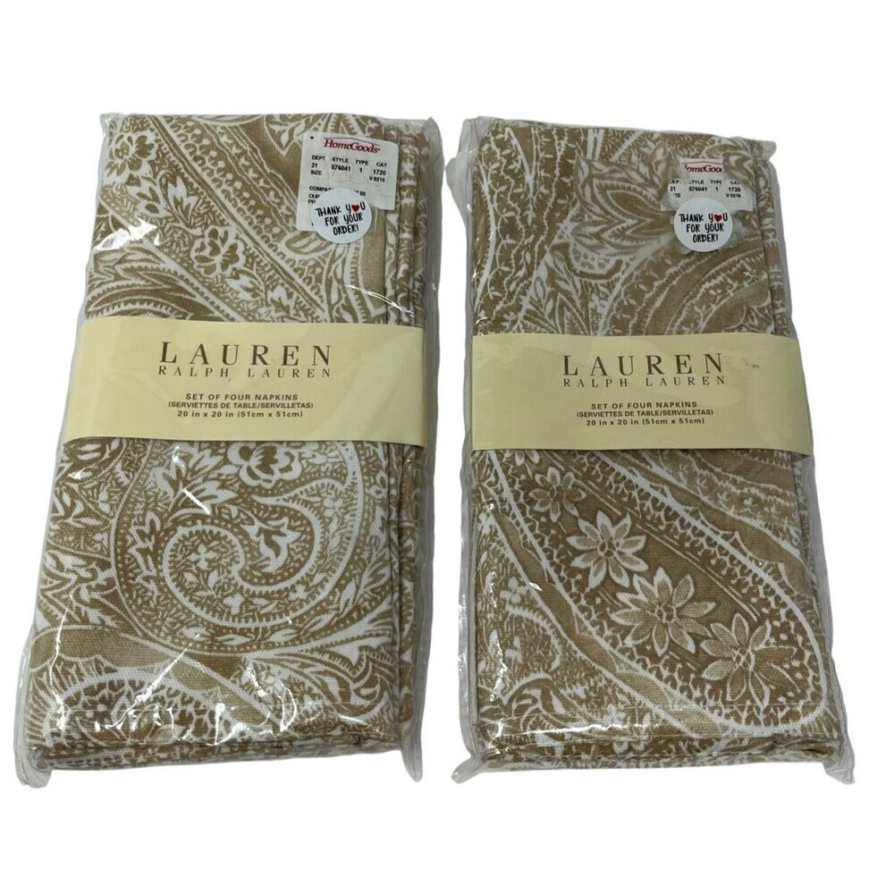 Lauren Ralph Lauren Set of 8 Tan Cloth Napkins 20x20 Paisley Cottagecore NEW